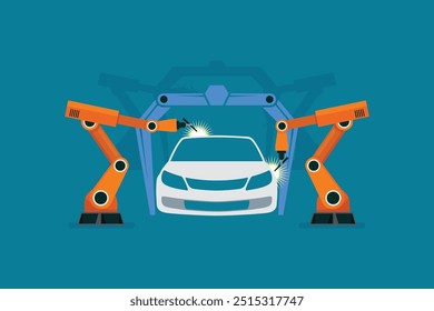 Fahrzeughersteller oder Automobilproduktionskonzept. Einblicke in die Robotik-Industrie in Automobil- und Elektronikindustrie. intelligente Fabrik Industrie. Vektorgrafik