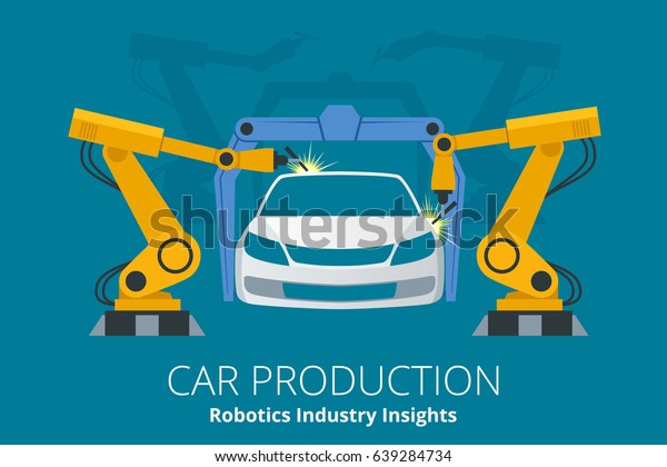 Car manufacturer or car\
production concept. Robotics Industry Insights. Automotive and\
electronics are top industry sectors for robotics use. Flat vector\
illustration