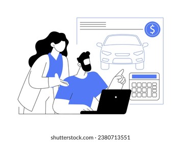 Car manufacturing cost analysis abstract concept vector illustration. Engineers calculate cost of car manufacturing using laptop, automotive industry, design and engineering abstract metaphor.