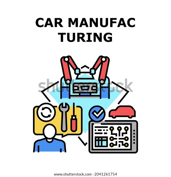 Car Manufacturing Plant Vector Icon Concept.\
Robotic Arm Assembly Automobile And Production Digital Computer\
Technology, Car Manufacturing Plant Equipment. Repairman Business\
Color Illustration