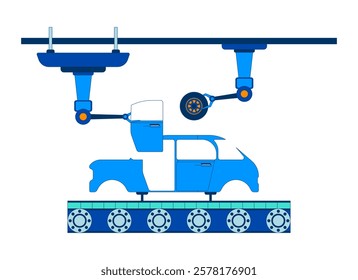 Car manufacturing process 2D cartoon object. Factory production line. Robotic arms attaching automobile wheel and door isolated element flat vector clipart on white background. Spot illustration