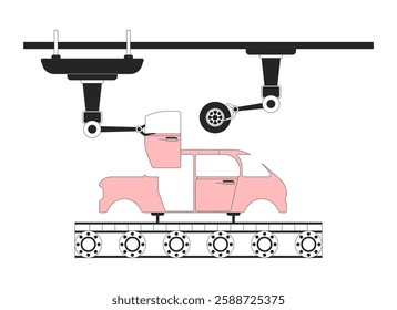 Car manufacturing process black and white 2D line object. Factory production line. Robotic arms attaching automobile wheel, door isolated clip art vector outline item. Monochromatic spot illustration