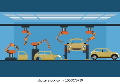 Car Manufacturing Process With Smart Robotic Automotive Assembly Line, Factory Of Conveyor For Assembly Of Cars, Modern Engineering Systems Vector Illustration.

