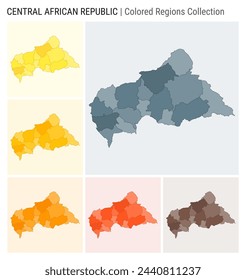 CAR map collection. Country shape with colored regions. Blue Grey, Yellow, Amber, Orange, Deep Orange, Brown color palettes. Border of CAR with provinces for your infographic. Vector illustration.