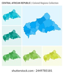 CAR map collection. Country shape with colored regions. Light Blue, Cyan, Teal, Green, Light Green, Lime color palettes. Border of CAR with provinces for your infographic. Vector illustration.