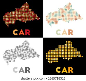 CAR map. Collection of maps of the Central African Republic in a dotted style. Borders of the country filled with rectangles for your design. Vector illustration.