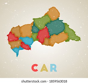 CAR map. Country poster with colored regions. Old grunge texture. Vector illustration of the Central African Republic with the country name.