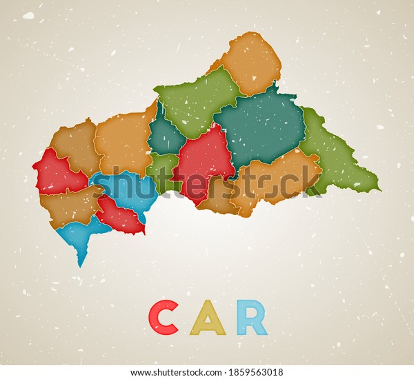 CAR map.
Country poster with colored regions. Old grunge texture. Vector
illustration of CAR with country
name.