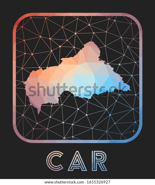 CAR map design. Vector low poly map\
of the country. CAR icon in geometric style. The country shape with\
polygnal gradient and mesh on dark\
background.