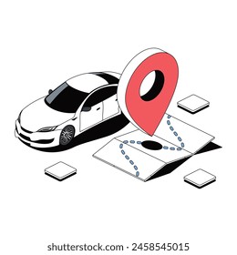 Car, map and geolocation tag. Vector 3d line isometric, color web icons, new flat style. Creative design idea for infographics.