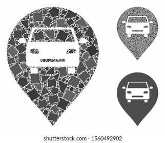 Car map marker composition of tremulant pieces in variable sizes and color hues, based on car map marker icon. Vector joggly parts are grouped into composition.