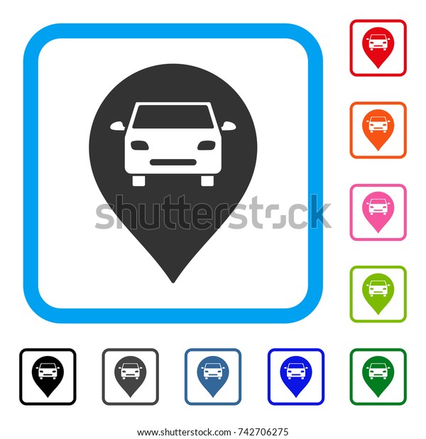 Car Map Marker icon.\
Flat grey iconic symbol inside a light blue rounded square. Black,\
gray, green, blue, red, orange color versions of Car Map Marker\
vector.