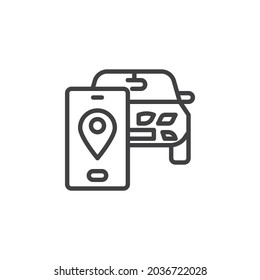 Icono de la línea de navegación del mapa del coche. signo de estilo lineal para concepto móvil y diseño web. Coche y teléfono con icono vectorial de contorno de puntero gps. Símbolo, ilustración del logotipo. Gráficos vectoriales