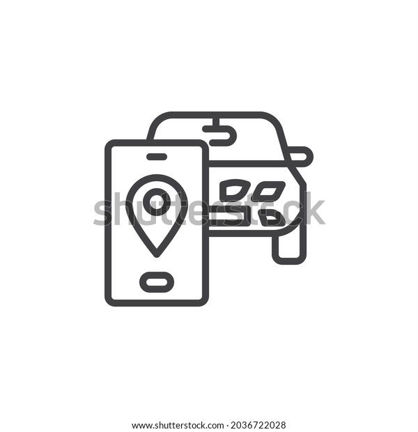 Car map\
navigation line icon. linear style sign for mobile concept and web\
design. Car and phone with gps pointer outline vector icon. Symbol,\
logo illustration. Vector\
graphics
