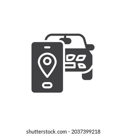 Car map navigation vector icon. filled flat sign for mobile concept and web design. Car and phone with gps pointer glyph icon. Symbol, logo illustration. Vector graphics