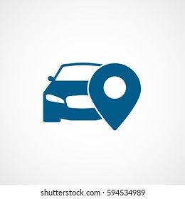 Car And Map Pin Blue Flat Icon On White Background