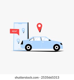 Auto mit Kartenstift und mobiler App-Schnittstelle in flacher Vektorgrafik, die Autovermietung, Navigation und Fahrzeugbuchung symbolisiert, einzeln auf weißem Hintergrund.