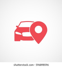 Car And Map Pin Red Flat Icon On White Background