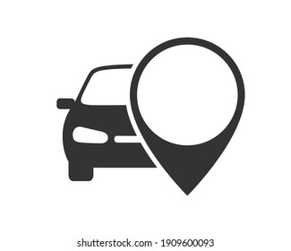 Car with map pointer graphic icon. Rent a car sign isolated on white background. Symbol of car sharing. Vector illustration