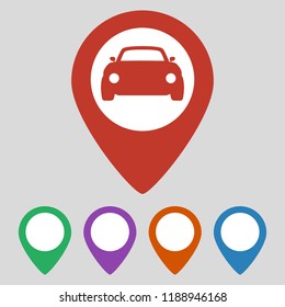 Car map pointer icon on grey background. Vector illustration