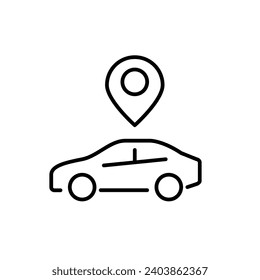 Coche con puntero de mapa sobre él. Uso compartido de coches, alquiler y taxi. Trazo de píxeles perfecto, editable