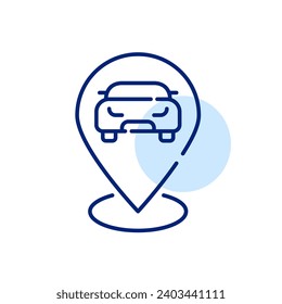 Pictograma del puntero del coche en el mapa. Alquiler de coches y concesionarios, puntos de recogida para compartir coches. Icono perfecto de píxeles