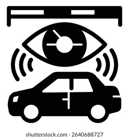Car map vision data solid icon, neural dataset concept. Vector graphics. Data ruler and eye with automobile vehicle sign on white background, style mobile or design