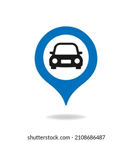 Car And Maps Pin Icon. Destination Mark, Road Sign, Parking Spot Isolated On White Background. Vector