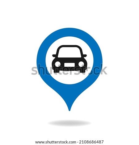 Car and maps pin icon. Destination mark, road sign, parking spot isolated on white background. Vector
