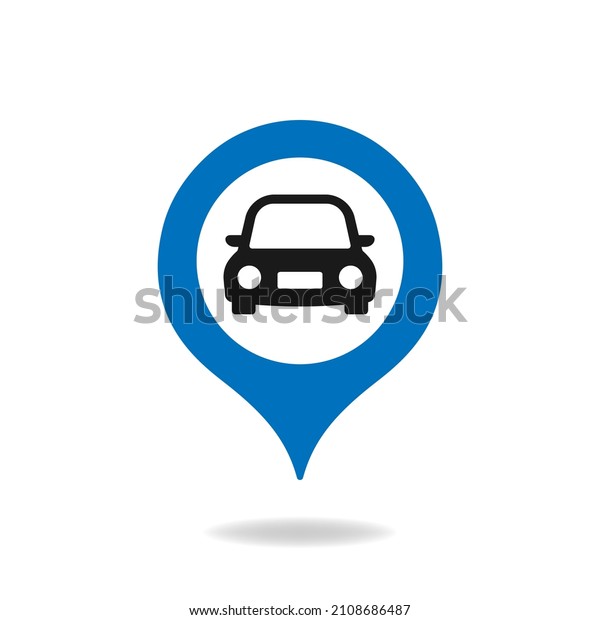 Car and maps pin\
icon. Destination mark, road sign, parking spot isolated on white\
background. Vector