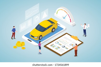 car market analysis concept with some graph and chart data report with modern isometric style