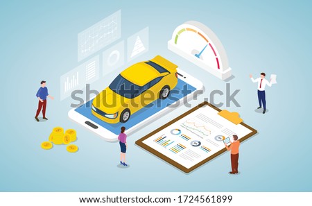 car market analysis concept with some graph and chart data report with modern isometric style