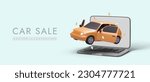 Car market. Site for sale of vehicles. Verified information about cars for sale. Product demonstration online. Choosing best product. Color advertising template with 3D illustration