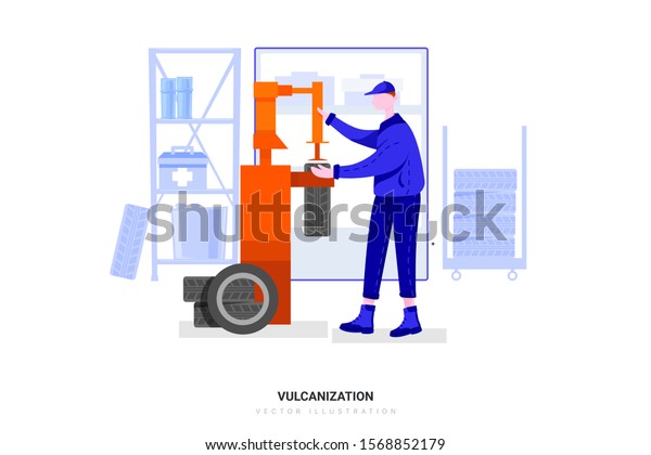 Car master mechanic vulcanizer repairing\
tire on automatic rubber repair vulcanizer machine in auto\
vulcanizing and vehicle service workshop. Flat style color modern\
vector illustration.