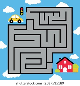 Car Maze Game – Help the Car Reach Home, A fun and engaging maze puzzle featuring a yellow car at a traffic light trying to find its way home. The labyrinth is set against a bright blue sky