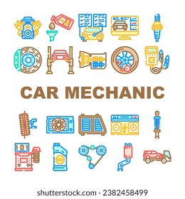 car mechanic auto icons set vector. garage repair, service maintenance, technician worker, man shop, engine, vehicle car mechanic auto color line illustrations