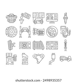 car mechanic auto icons set vector. garage repair, service maintenance, technician worker, man shop, engine, vehicle car mechanic auto black contour illustrations