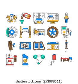 carro mecânico auto ícones definir vetor. reparação de garagem, manutenção de serviço, trabalhador técnico, homem loja, motor, carro mecânico auto cor contorno Ilustrações