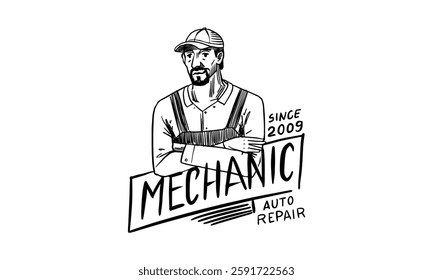 Car mechanic or auto repair shop for your brand. hand drawn emblems for business in garage service. engraved traditional badge