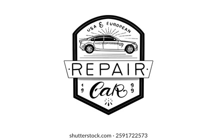 Car mechanic or auto repair shop for your brand. hand drawn emblems for business in garage service. engraved traditional badge