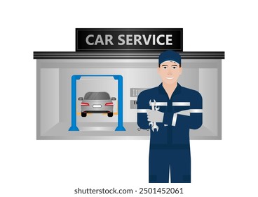 Car Mechanic or Automobile Mechanic working at Car Repair and Service Center. Car Maintenance. Vector Illustration. 