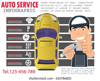 Car mechanic concede to demonstrate excellent service in service and auto part icons. In flat vector style.