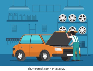 Car mechanic fixing car in auto repair garage. Auto repair service concept.