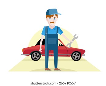 a car mechanic fixing a red car
