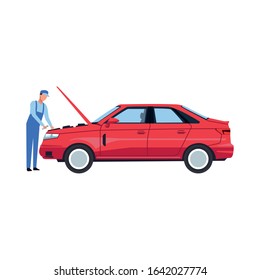 car mechanic fixing a red car over white background, vector illustration