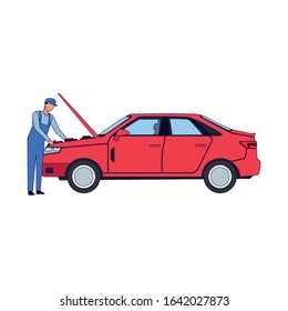 car mechanic fixing a red car over white background, colorful design, vector illustration
