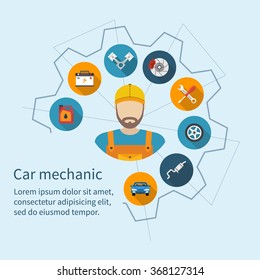 Car mechanic with flat icons tools and spare parts, concept. Repair machines, equipment. Car service concept. Vector illustration flat style. Auto mechanic icon.
