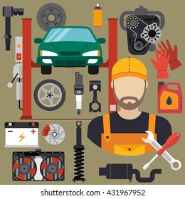 Car mechanic with flat icons tools and spare parts, concept. Repair machines, equipment. Car service concept. Vector illustration.