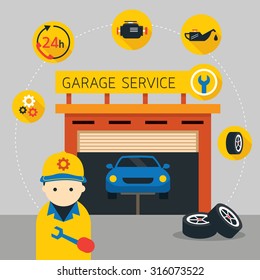 Car, Mechanic and Garage Service Icons and Illustration, Flat Design, Automobile Maintenance