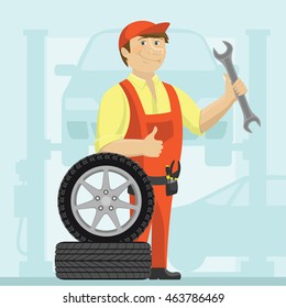 Car mechanic in a garage vector illustration